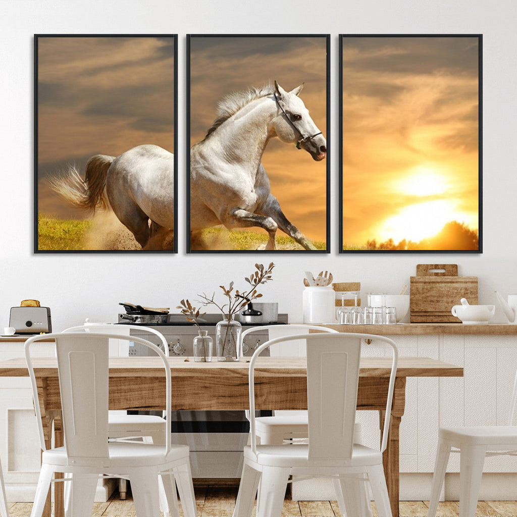 Large Wall Art Galloping White Horse at Sunset Canvas Print