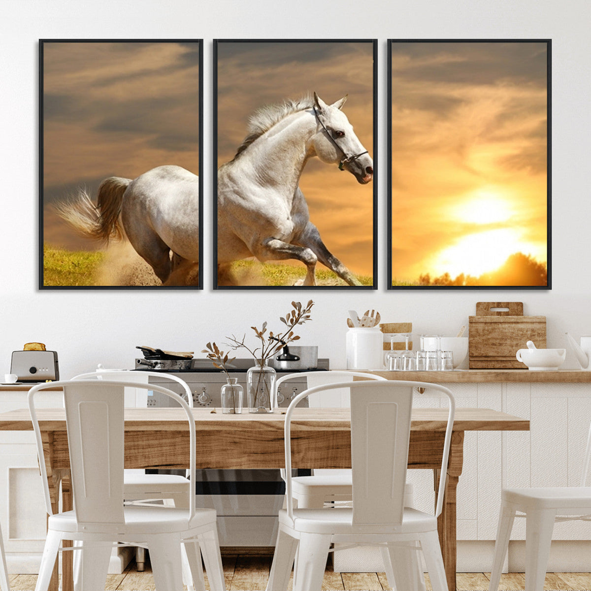 Large Wall Art Galloping White Horse at Sunset Canvas Print