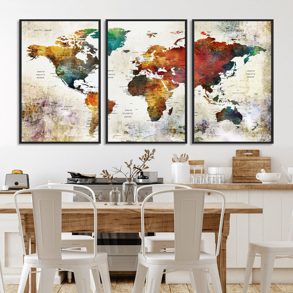 Watercolor World Map Canvas Print | Framed Travel Map Wall Art for Couples