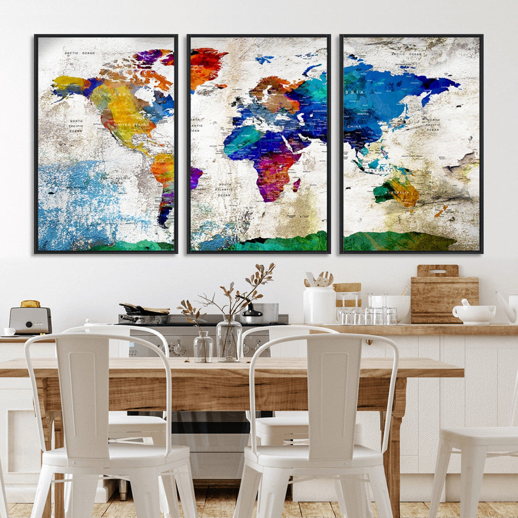 Navy Blue and Orange Watercolor World Map Canvas Print | Framed Travel Map