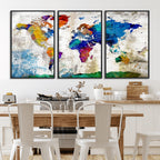 Navy Blue and Orange Watercolor World Map Canvas Print | Framed Travel Map