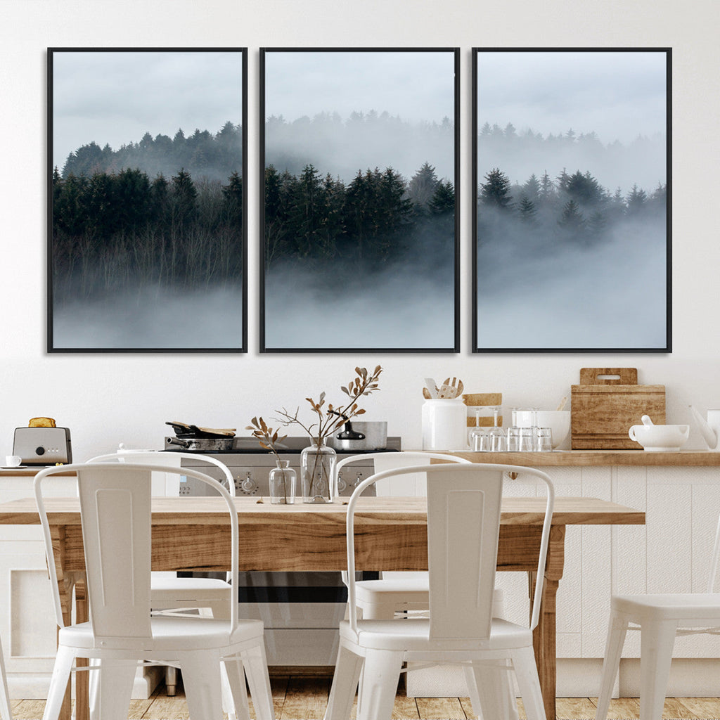 Autumn and Misty Trees in the Forest Wall Art Canvas Print, Foggy Forest Mountain Wall Art