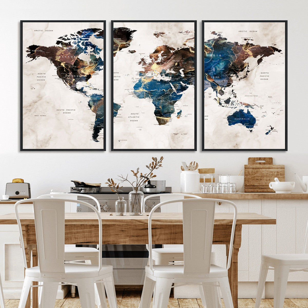 Abstract Earth Tone Blue World Map Canvas Print | Framed Travel Map Wall Art