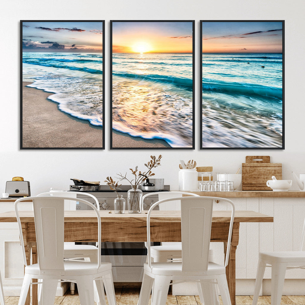 Sunset Beach Waves Canvas Wall Art | Ocean Sunset Coastal Print