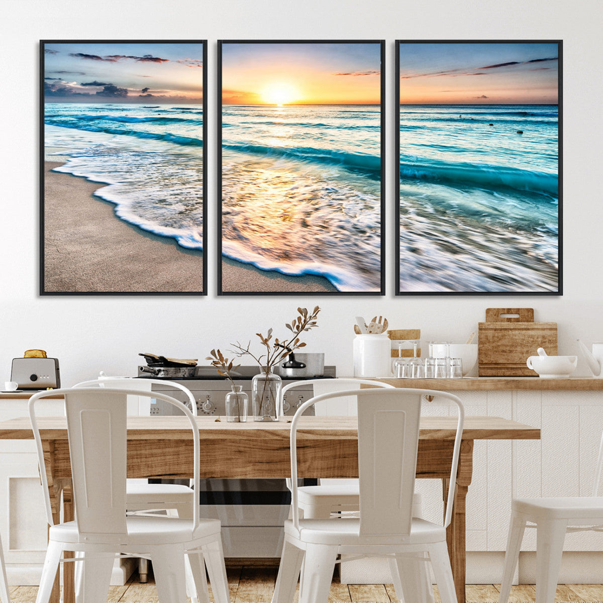 Sunset Beach Waves Canvas Wall Art | Ocean Sunset Coastal Print