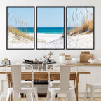 Serene Coastal Dune Path with Ocean View, 3-Panel Beach Canvas Wall Art