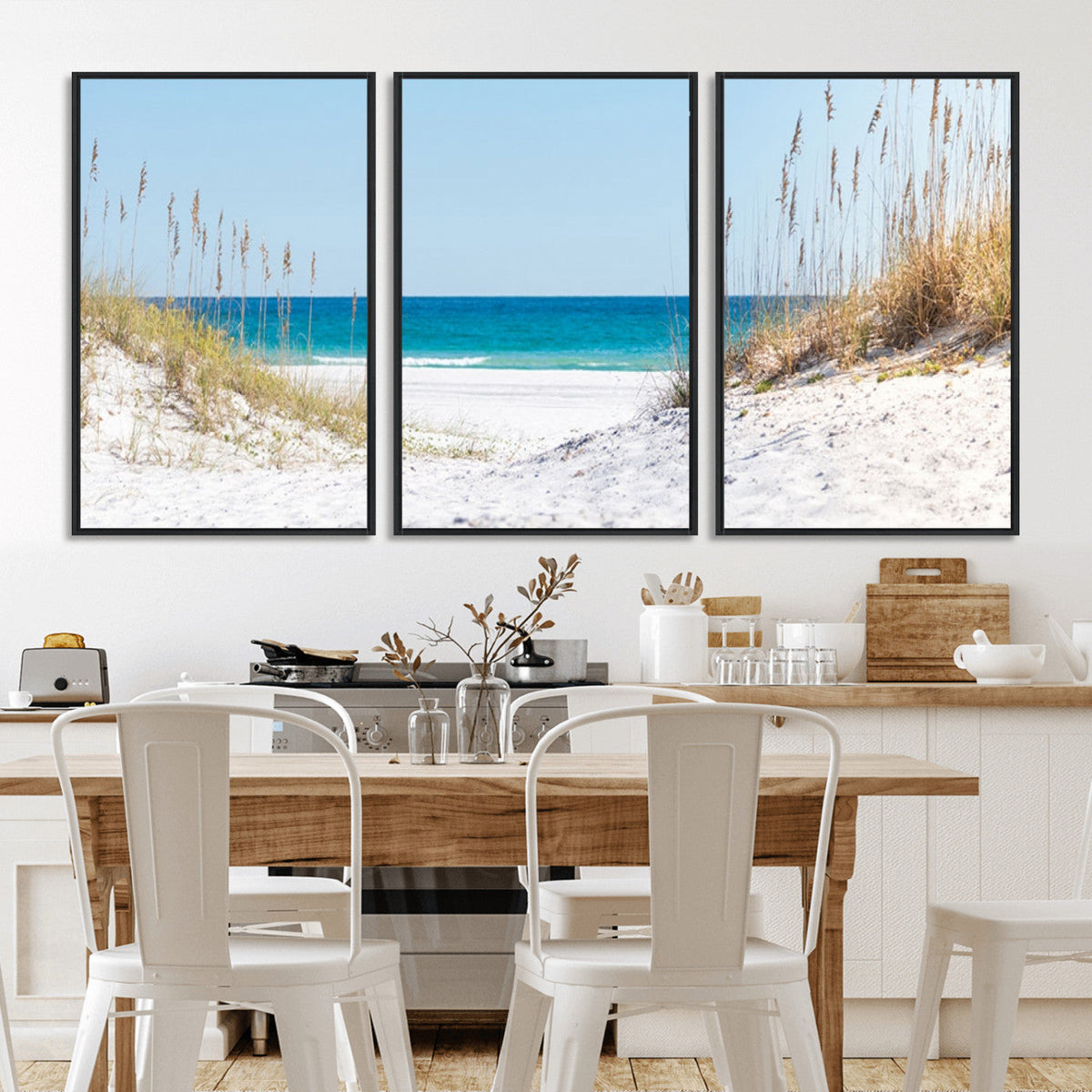 Serene Coastal Dune Path with Ocean View, 3-Panel Beach Canvas Wall Art