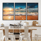 Golden Sunset Beach Triptych Canvas Art, Giclee Coastal Wall Decor, Ocean Waves Print