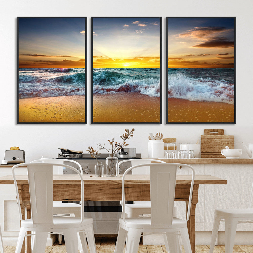 Golden Sunset Ocean Waves Wall Art Canvas Print | Multi Panel Beach Canvas Set, Coastal Triptych