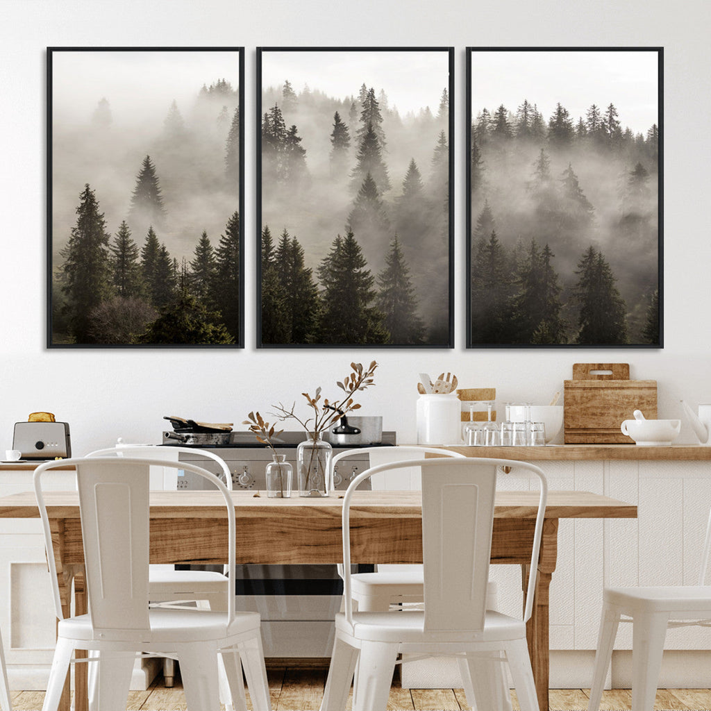 Foggy Mountain Wall Art | 3-Panel Foggy Forest and Mountain Landscape Canvas Print