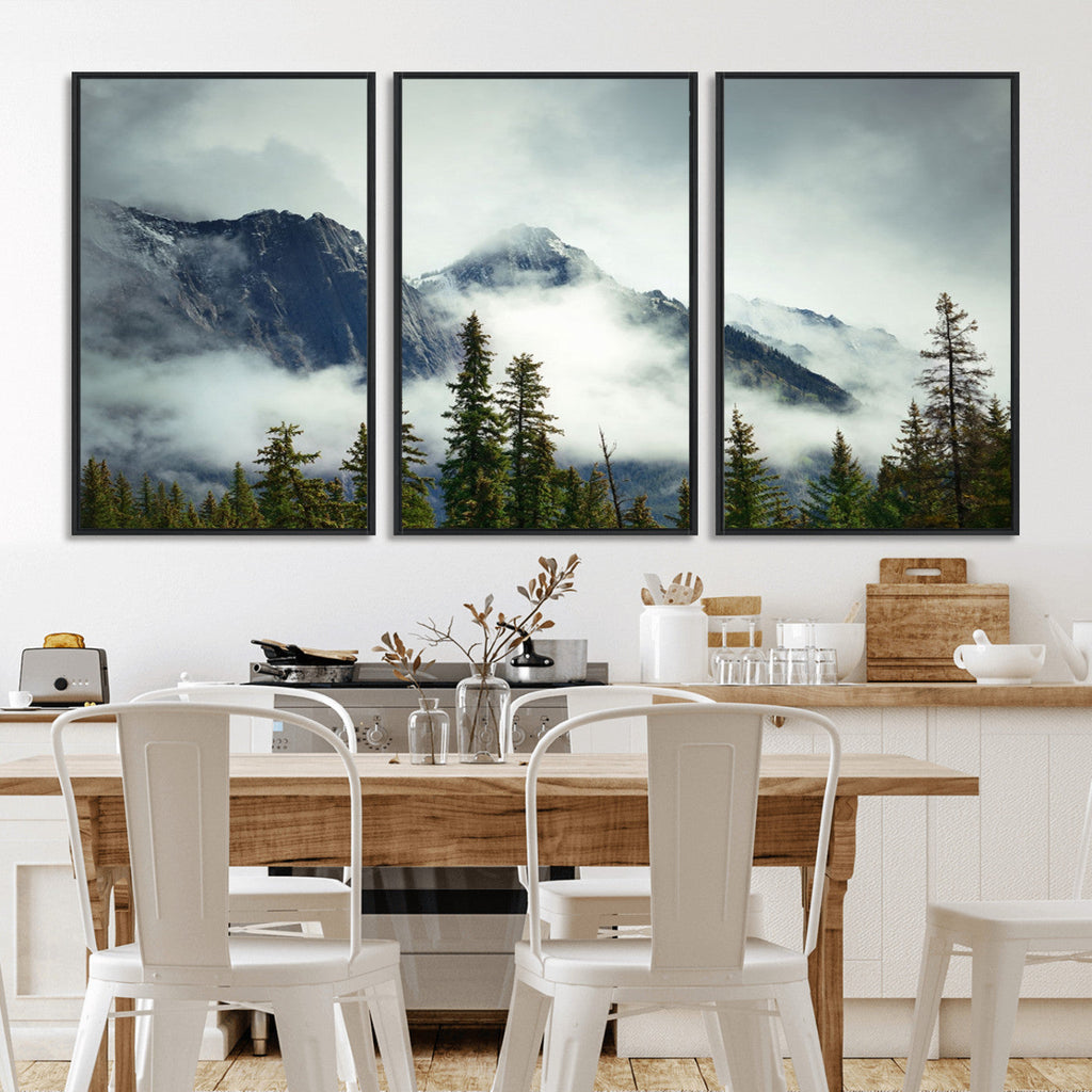 Mountain Mist Canvas Wall Art Print | 3-Panel Foggy Forest and Mountain Landscape
