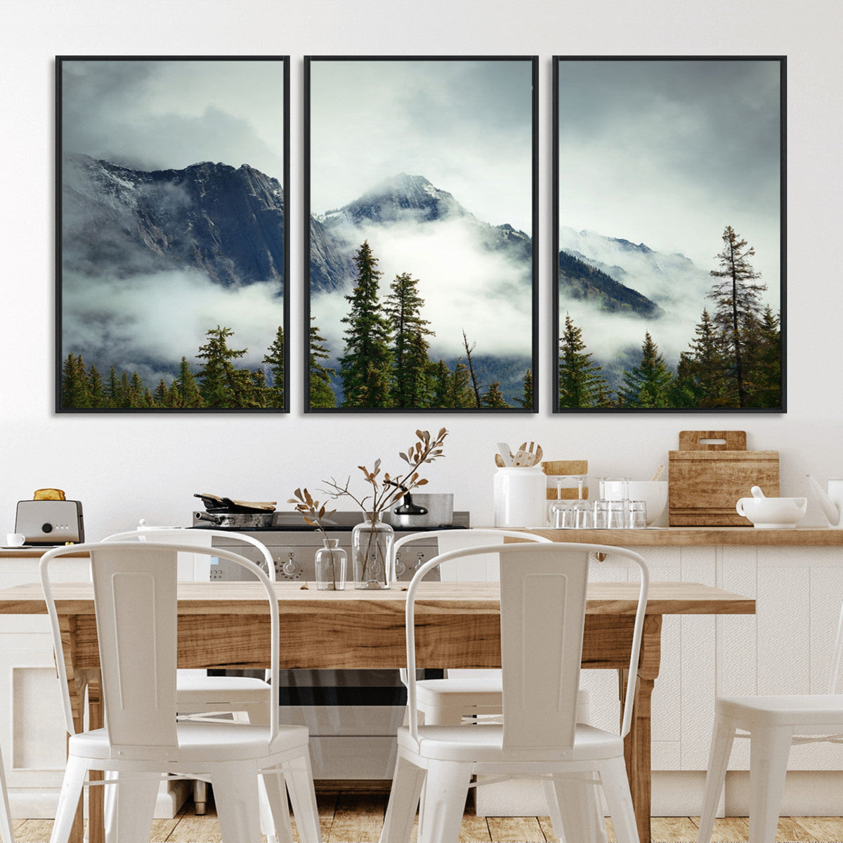 Mountain Mist Canvas Wall Art Print | 3-Panel Foggy Forest and Mountain Landscape
