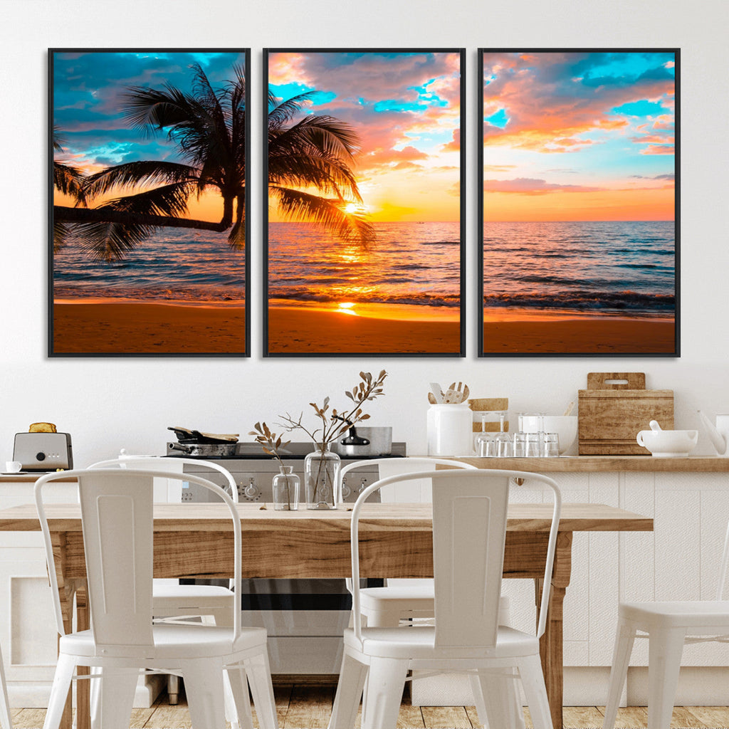 Palm Tree Sunset On The Beach Wall Art Canvas, Framed Palm Tree Sunset Canvas Print