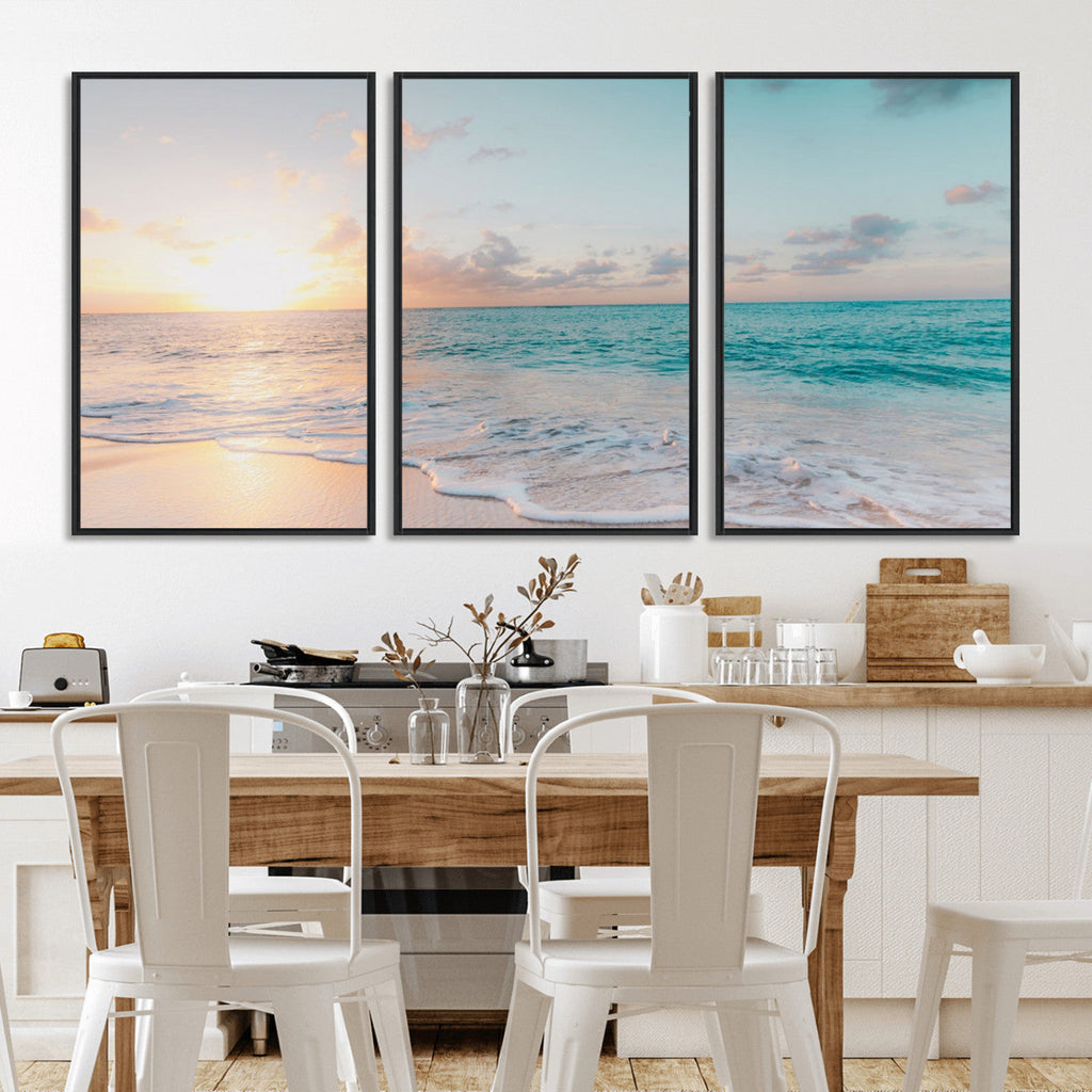 Tranquil Ocean Beach Sunset Canvas Wall Art | 3-Panel Coastal Decor