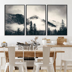 Forest Mountain Print | Black and White Canvas Wall Art with Misty Forest Design