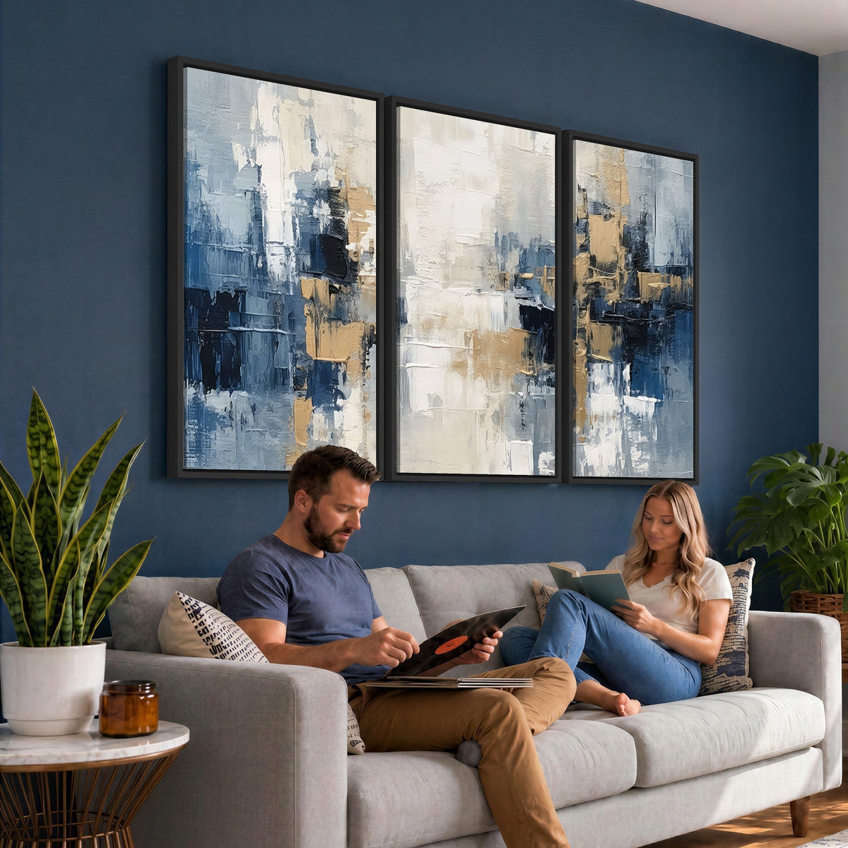 Modern Abstract Canvas Wall Art in Blue and Gold Tones | Large Contemporary Art for Living Room