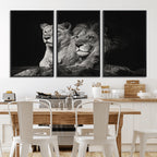 Lion Couple Wall Art Canvas Print, Elegant Black and White Wildlife Portrait