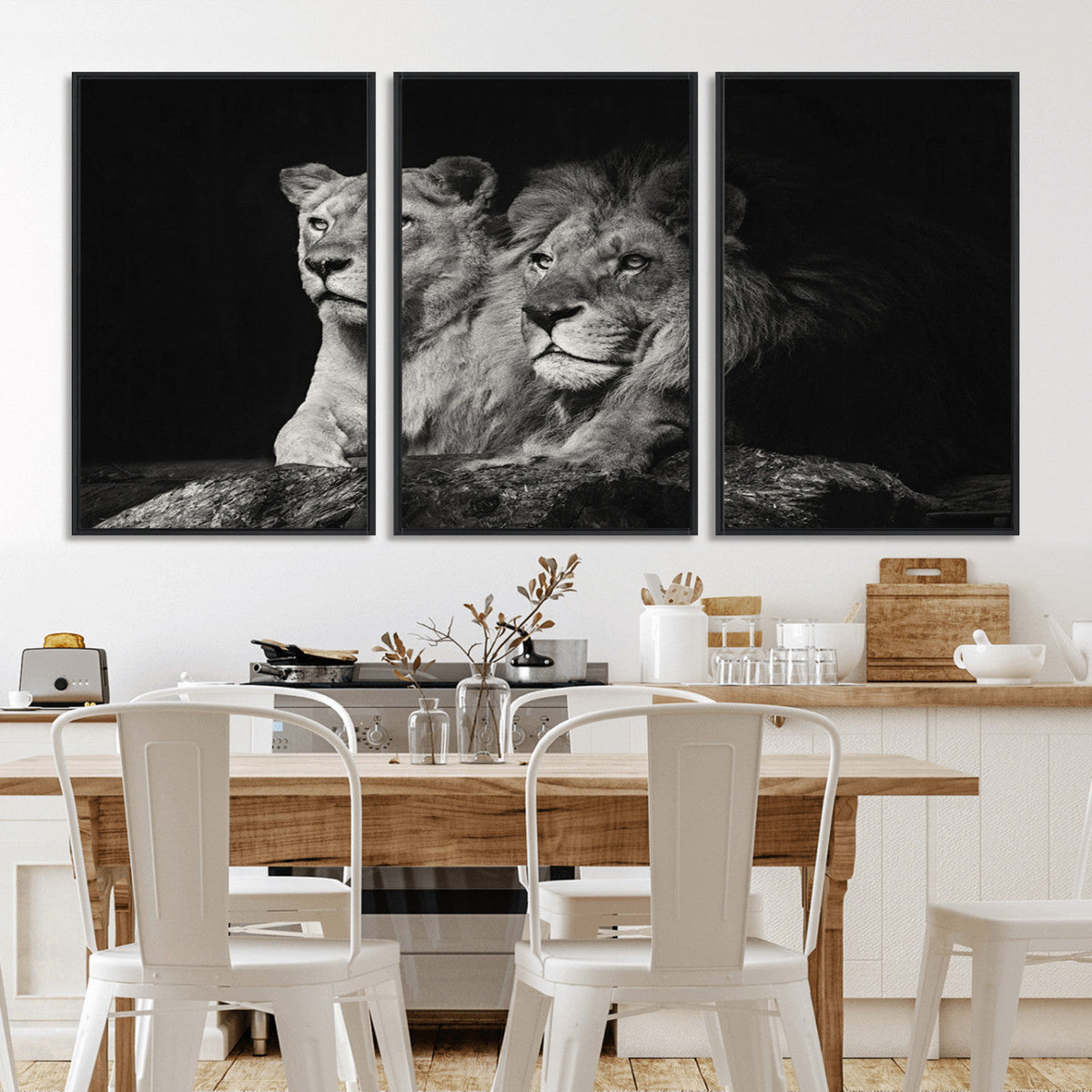 Lion Couple Wall Art Canvas Print, Elegant Black and White Wildlife Portrait