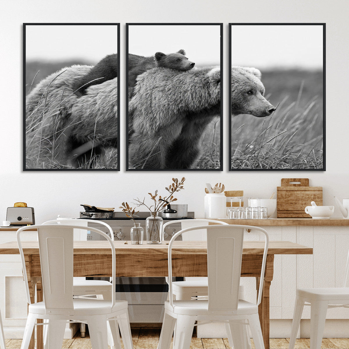 Bear and Cub Wall Art Canvas | Grizzly 399 Bear and Cub Black and White Wildlife Print