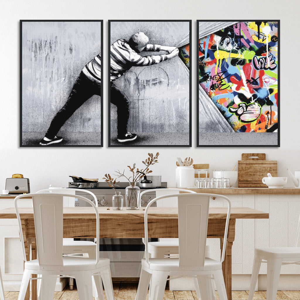 Banksy Art Behind the Curtain Street Wall Art Canvas Print | Urban Graffiti Style Wall Decor