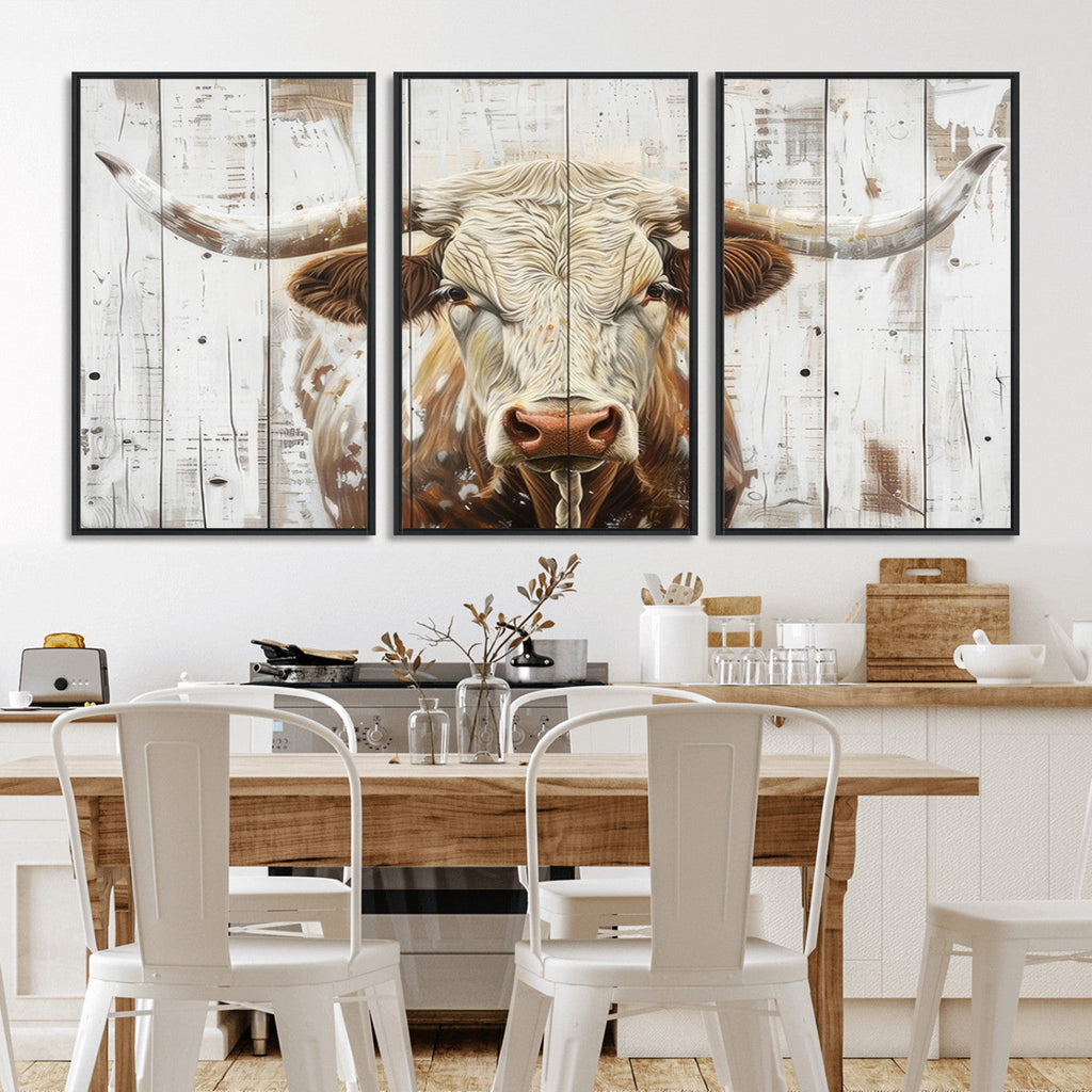 Rustic Longhorn Bull Wall Art Canvas Set