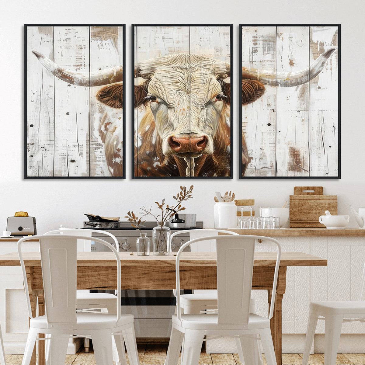 Rustic Longhorn Bull Wall Art Canvas Set