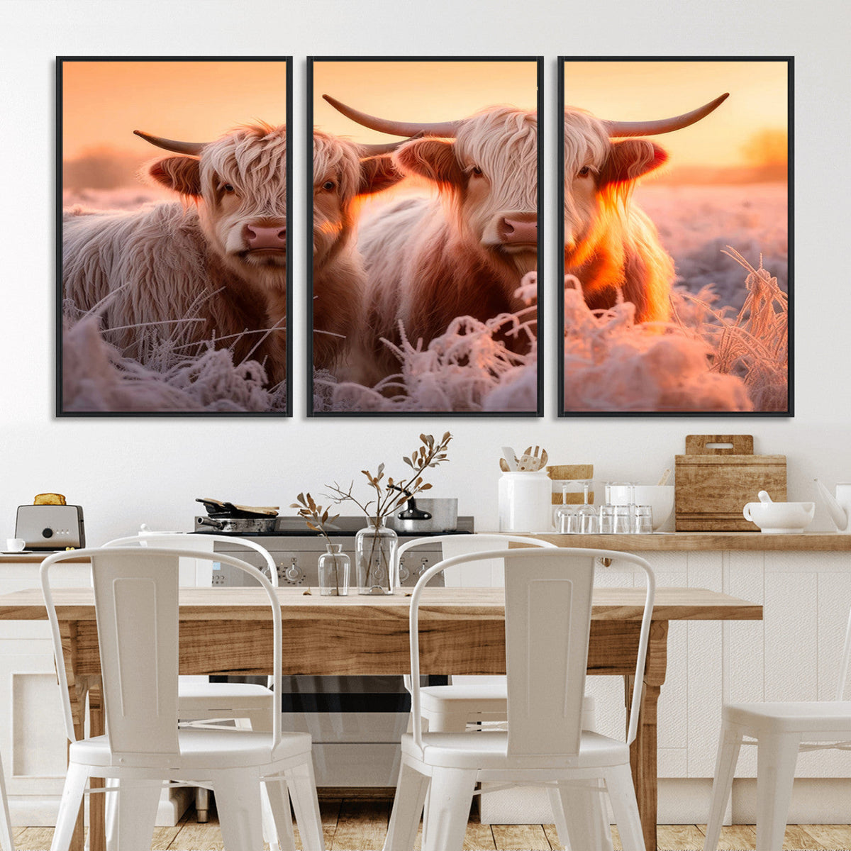 Highland Cows at Sunrise Wall Art Canvas Set
