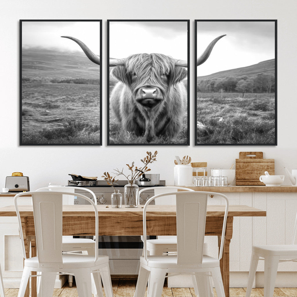 Black White Scottish Highland Cow Canvas Farm Wall Art