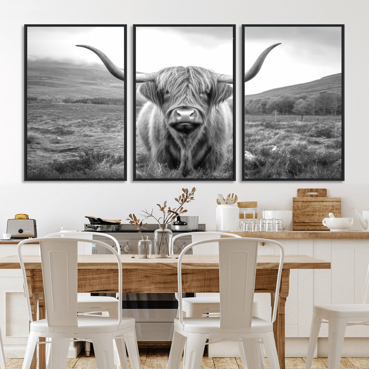 Black White Scottish Highland Cow Canvas Farm Wall Art