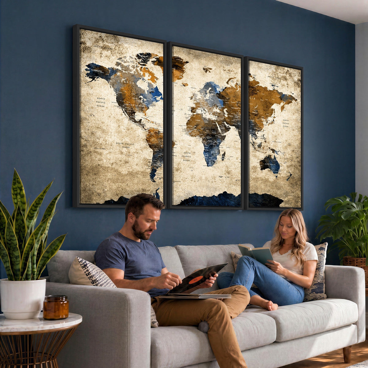 World Map Wall Art | Antique Style Blue and Brown Map Canvas Print