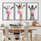 Bubblegum Animals Canvas Wall Art, Playful Giraffe and Zebra Trio, Whimsical Nursery and Kids Room Decor