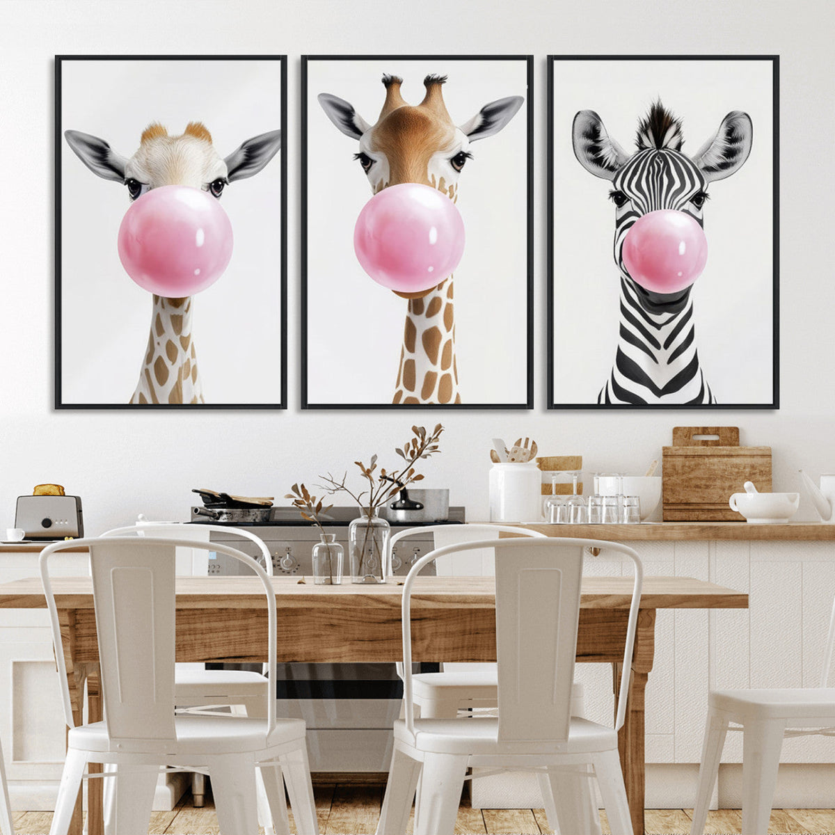 Bubblegum Animals Canvas Wall Art, Playful Giraffe and Zebra Trio, Whimsical Nursery and Kids Room Decor