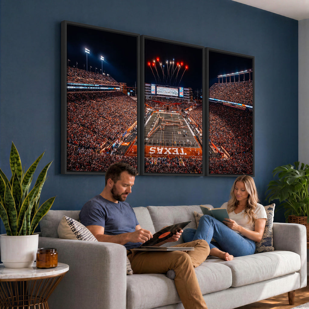 Texas Stadium Night Game Wall Art Canvas Print, Vibrant Football Fireworks Scene