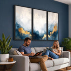 Abstract Blue and Gold Clouds Wall Art Canvas Print, Framed Modern Landscape Artwork