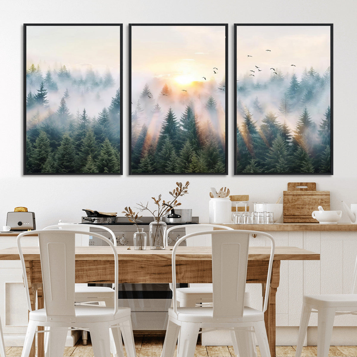 Misty Pine Forest Wall Art Canvas, Sunrise Over Foggy Trees