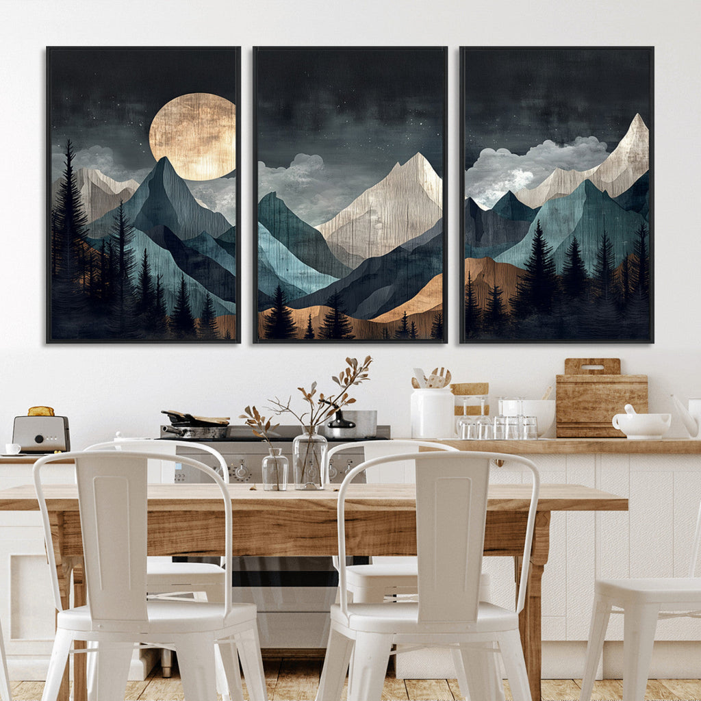 Moonlit Mountain Wall Art Canvas Print, Framed Silhouetted Pines Art, Layered Peaks Rustic Decor