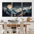 Moonlit Mountain Wall Art Canvas Print, Framed Silhouetted Pines Art, Layered Peaks Rustic Decor