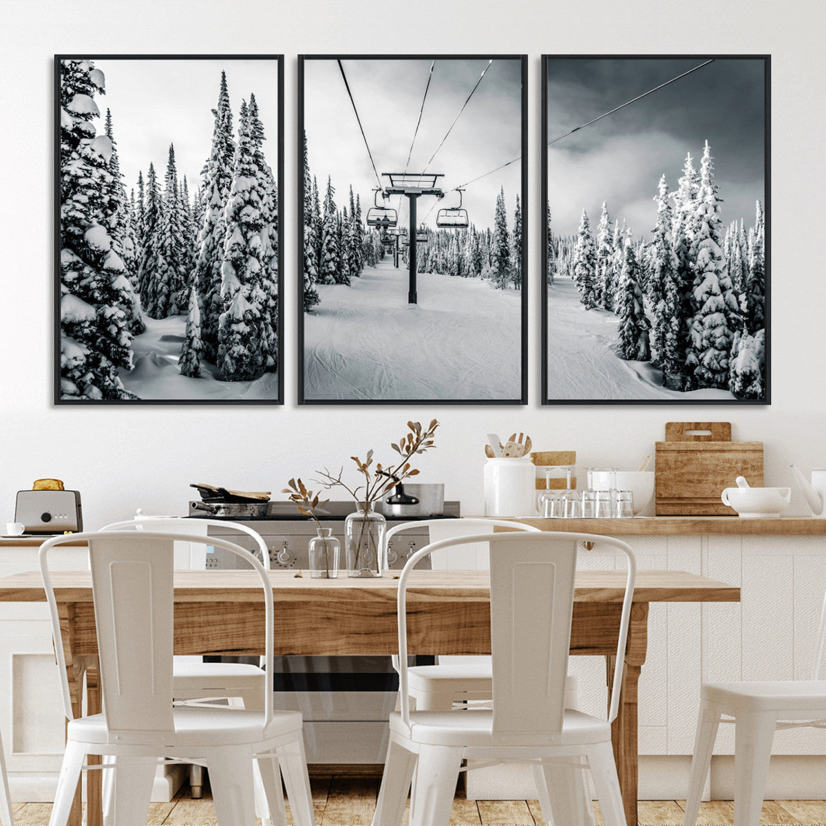 Snowy Pines Wall Art Canvas Print | Ski Lift in a Winter Forest