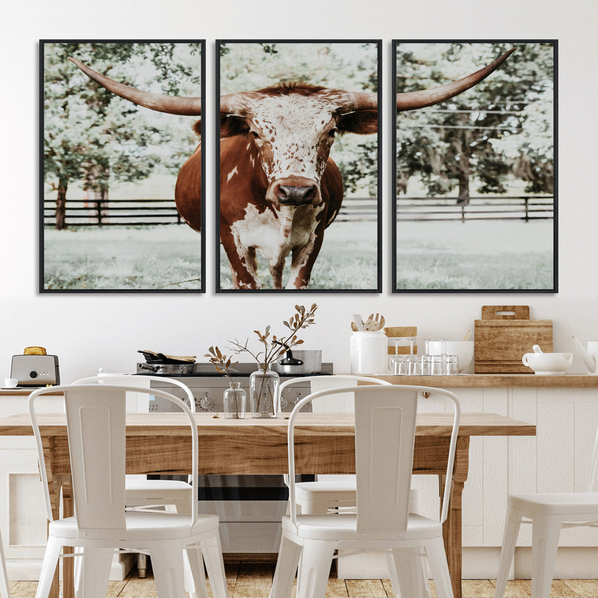 Texas Longhorn Wall Art Canvas Print | Framed Spotted Brown and White Bull