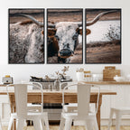 Texas Longhorn Wall Art Canvas Print | Framed Brown and White Spotted Longhorn