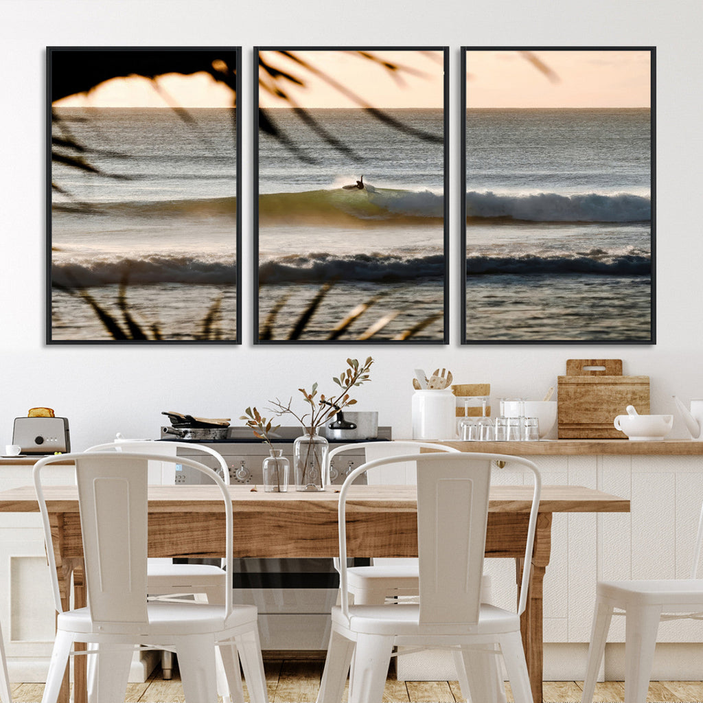 Sunset Surf Wall Art Canvas Print, Framed Golden Hour Waves Boho Beach Art