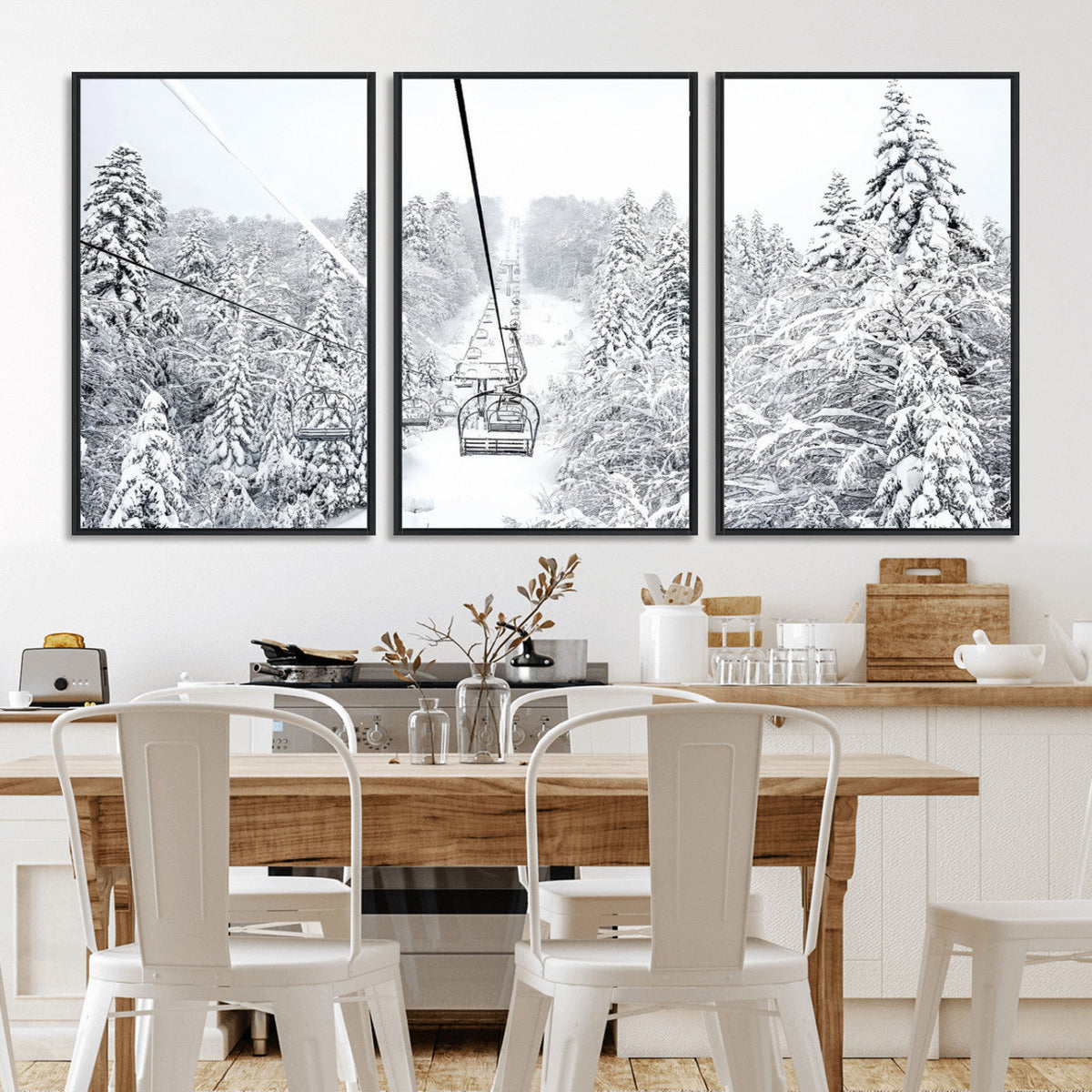 Snowy Ski Lift Wall Art | Framed Winter Mountain Canvas