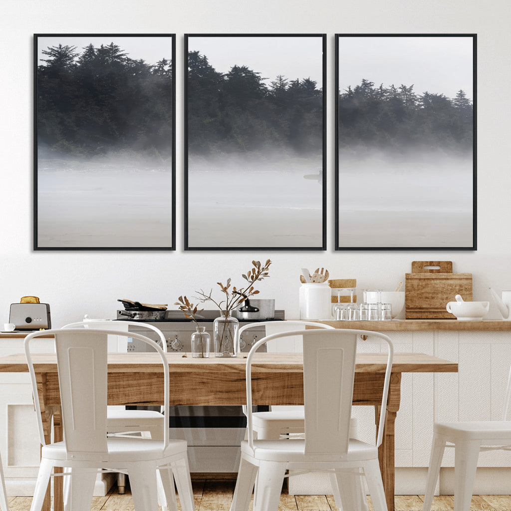 Surfer Fog Wall Art Canvas Print, Framed Foggy Beach and Coastal Surf Scene