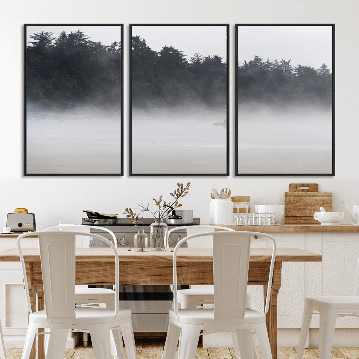 Surfer Fog Wall Art Canvas Print, Framed Foggy Beach and Coastal Surf Scene