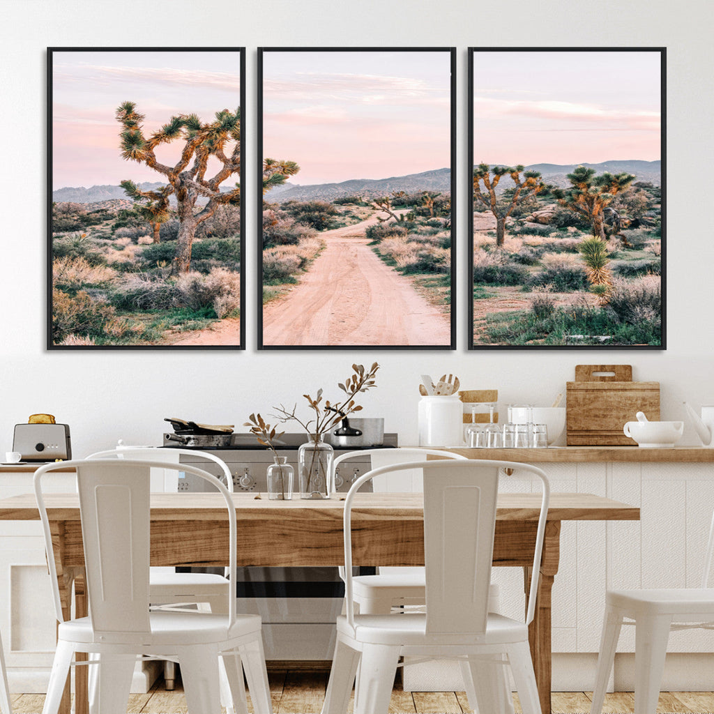 Joshua Tree Wall Art Canvas Print, Framed Desert Road Scene at Sunset