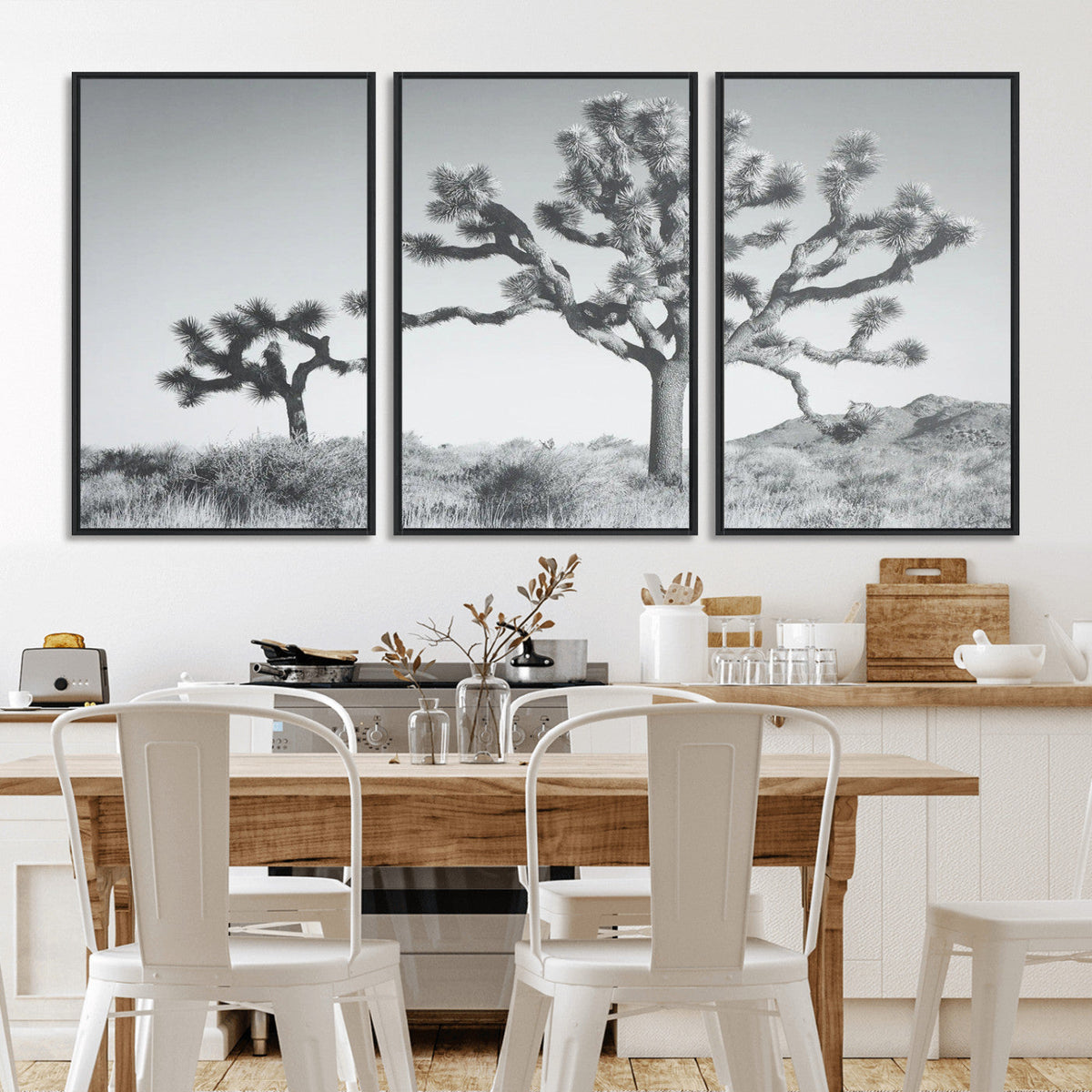 Joshua Tree Wall Art Canvas Print, Framed Black and White Desert Landscape Artwork