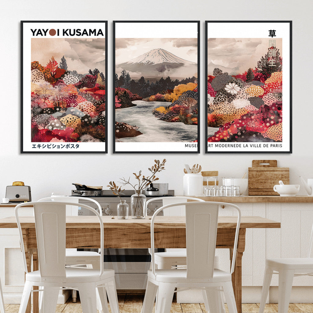 Modern Japanese Wall Art Canvas Print, Framed Abstract Mount Fuji Art, Yayoi Kusama Japanese Landscape