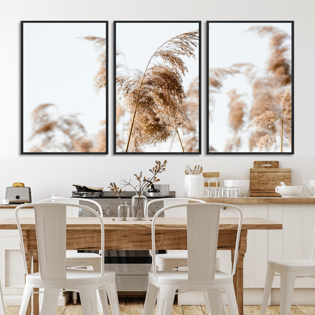 Pampas Grass Wall Art Canvas Print, Framed Neutral Tones Minimalist Boho