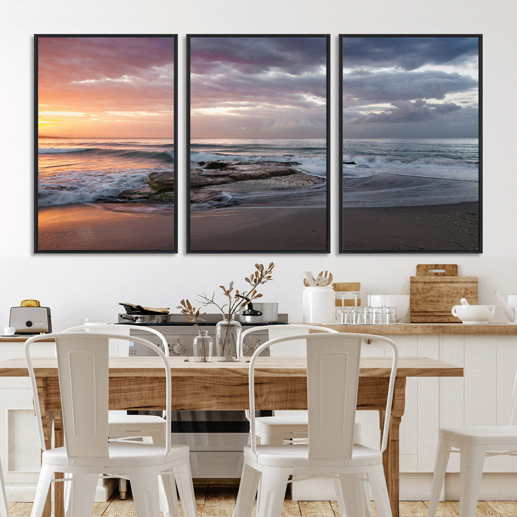 Golden Hour Wall Art Canvas Print, Framed Tranquil Waves Beach Sunset