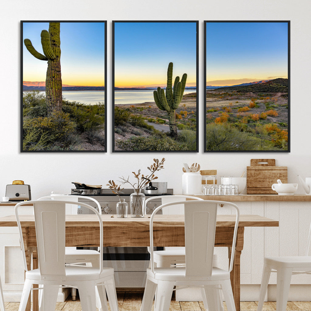 Saguaro Cactus Wall Art Canvas Print, Framed Desert Sunset Southwestern